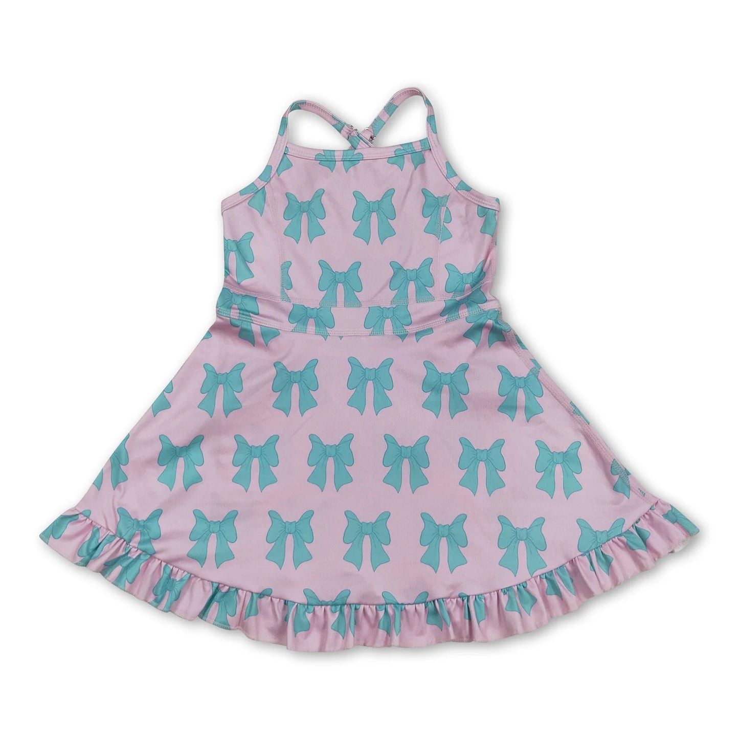 RTS NO MOQ Sibling yoga fabric Baby Girls Colorful Bow Sleeveless Strap Ruffle Yoga Dresses