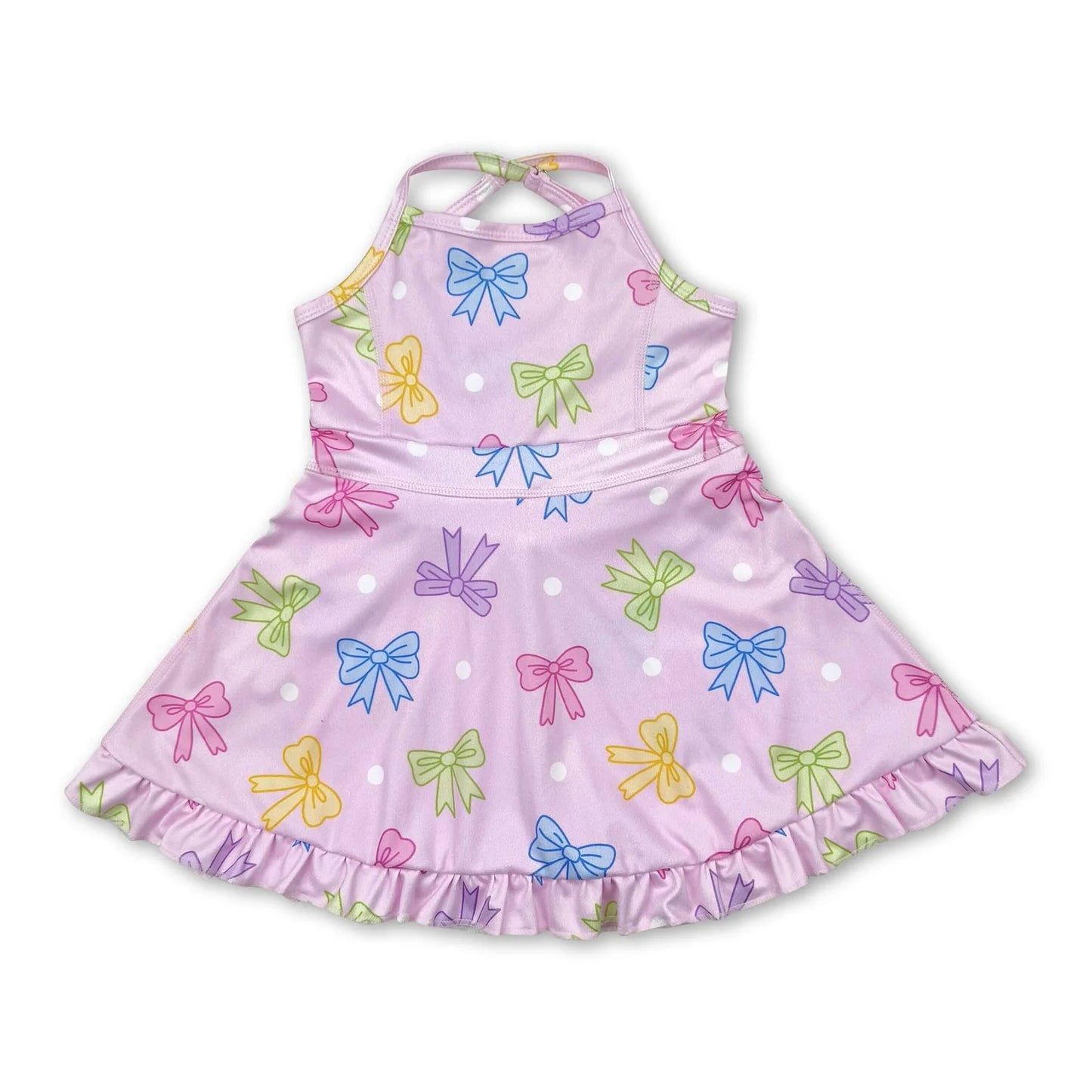 RTS NO MOQ Sibling yoga fabric Baby Girls Colorful Bow Sleeveless Strap Ruffle Yoga Dresses