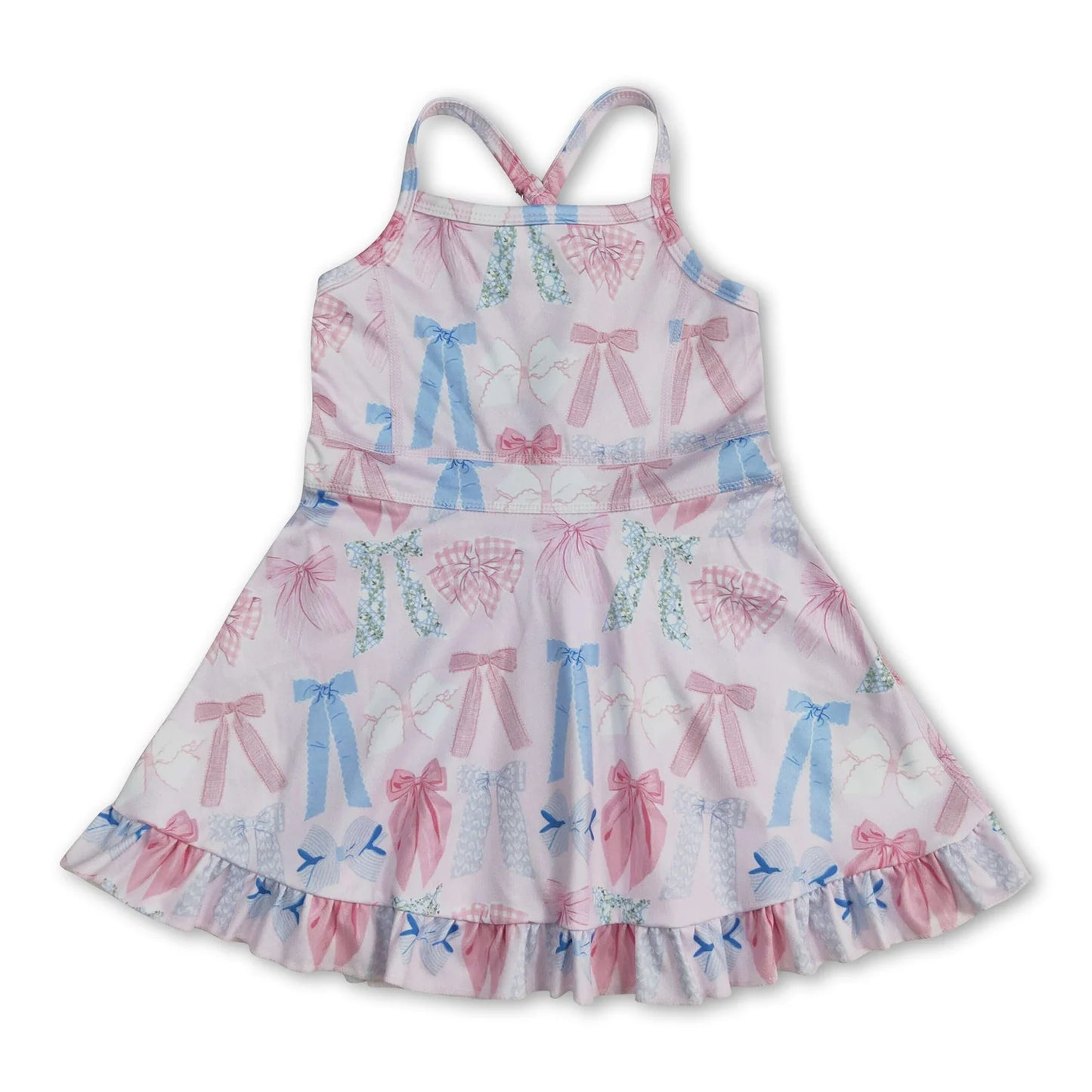 RTS NO MOQ Sibling yoga fabric Baby Girls Colorful Bow Sleeveless Strap Ruffle Yoga Dresses