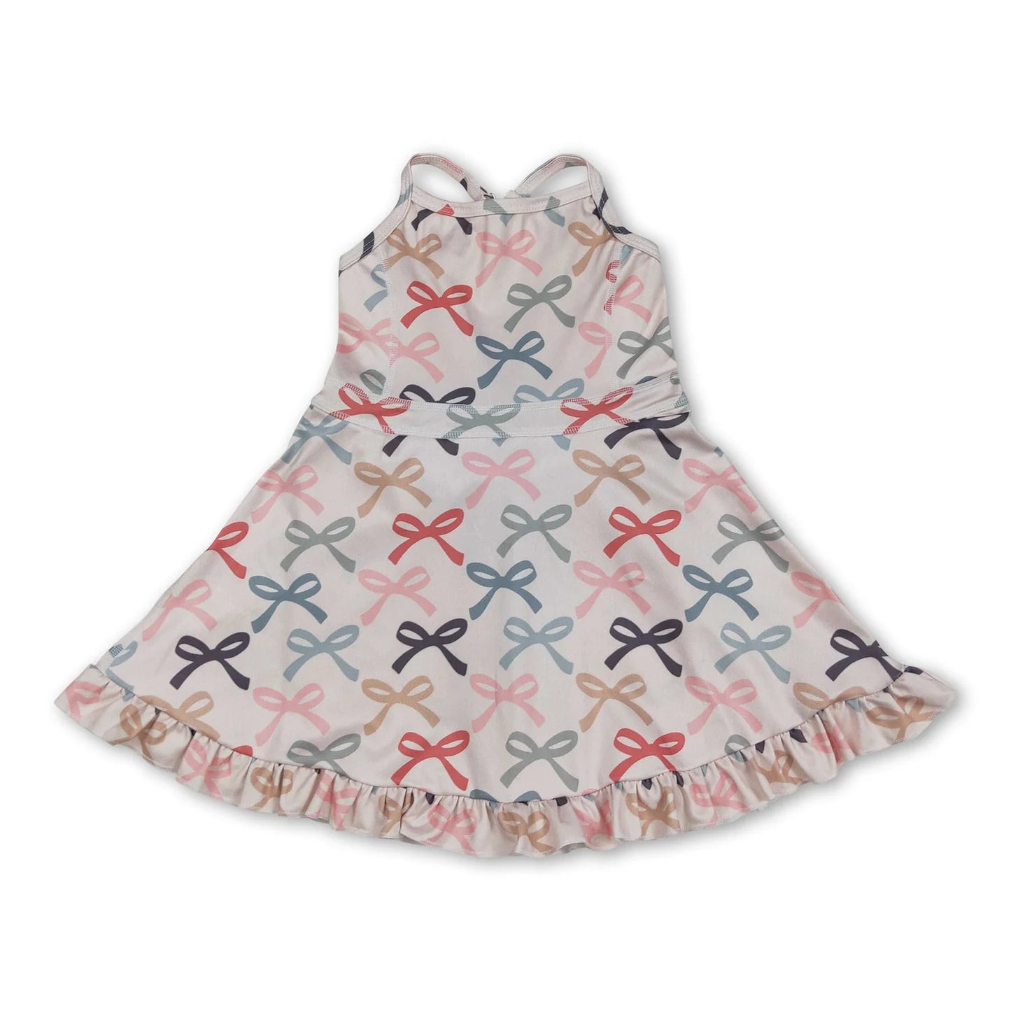 RTS NO MOQ Sibling yoga fabric Baby Girls Colorful Bow Sleeveless Strap Ruffle Yoga Dresses