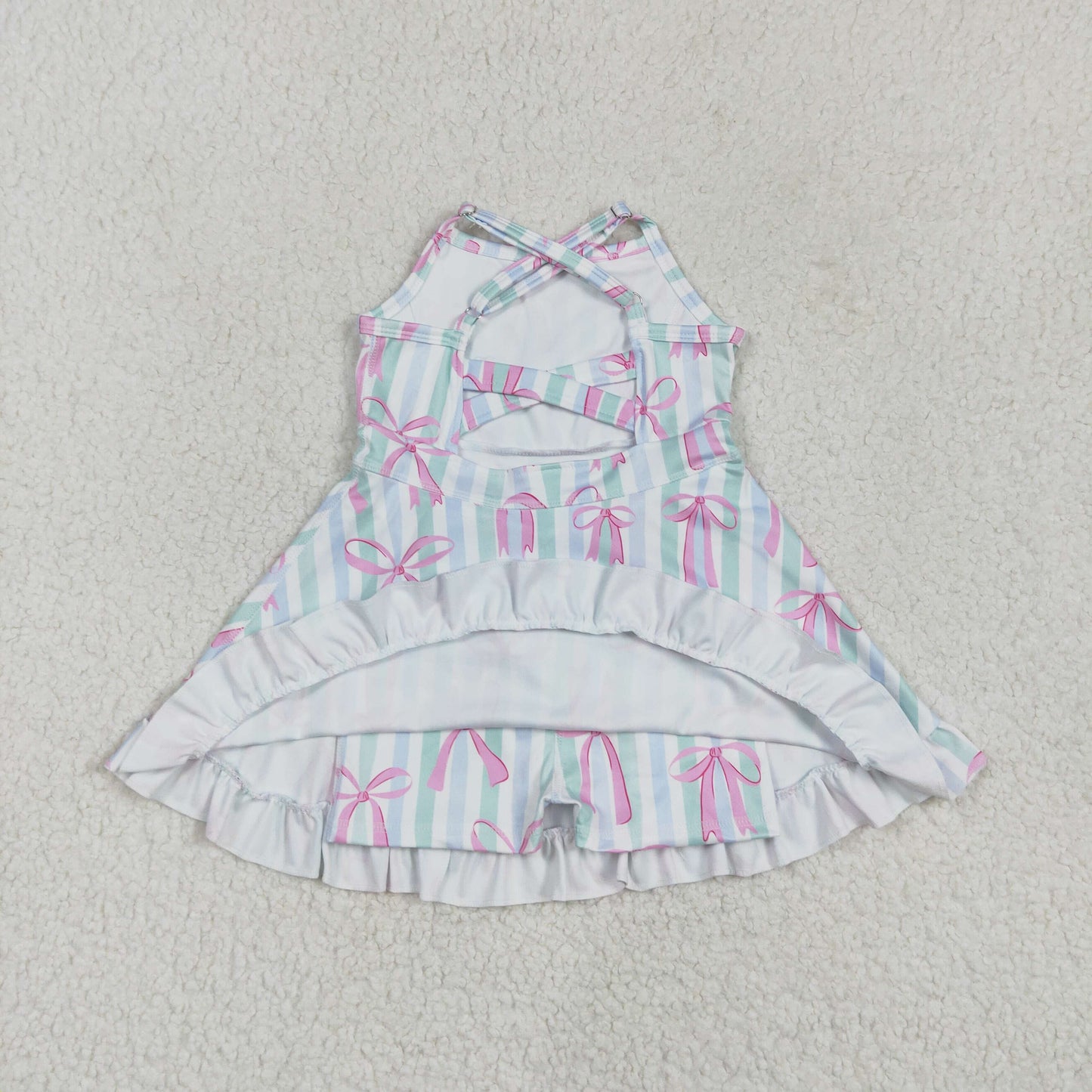 RTS NO MOQ GSD2297 pink bow pattern blue and green striped yoga sleeveless dress