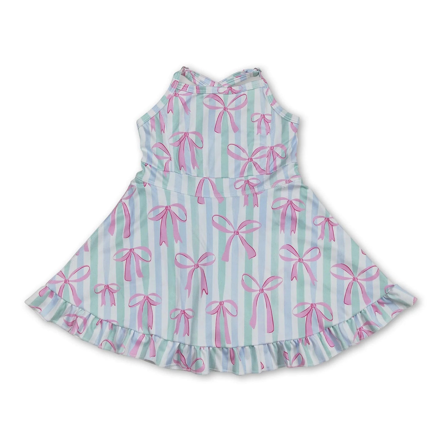 RTS NO MOQ Sibling yoga fabric Baby Girls Colorful Bow Sleeveless Strap Ruffle Yoga Dresses