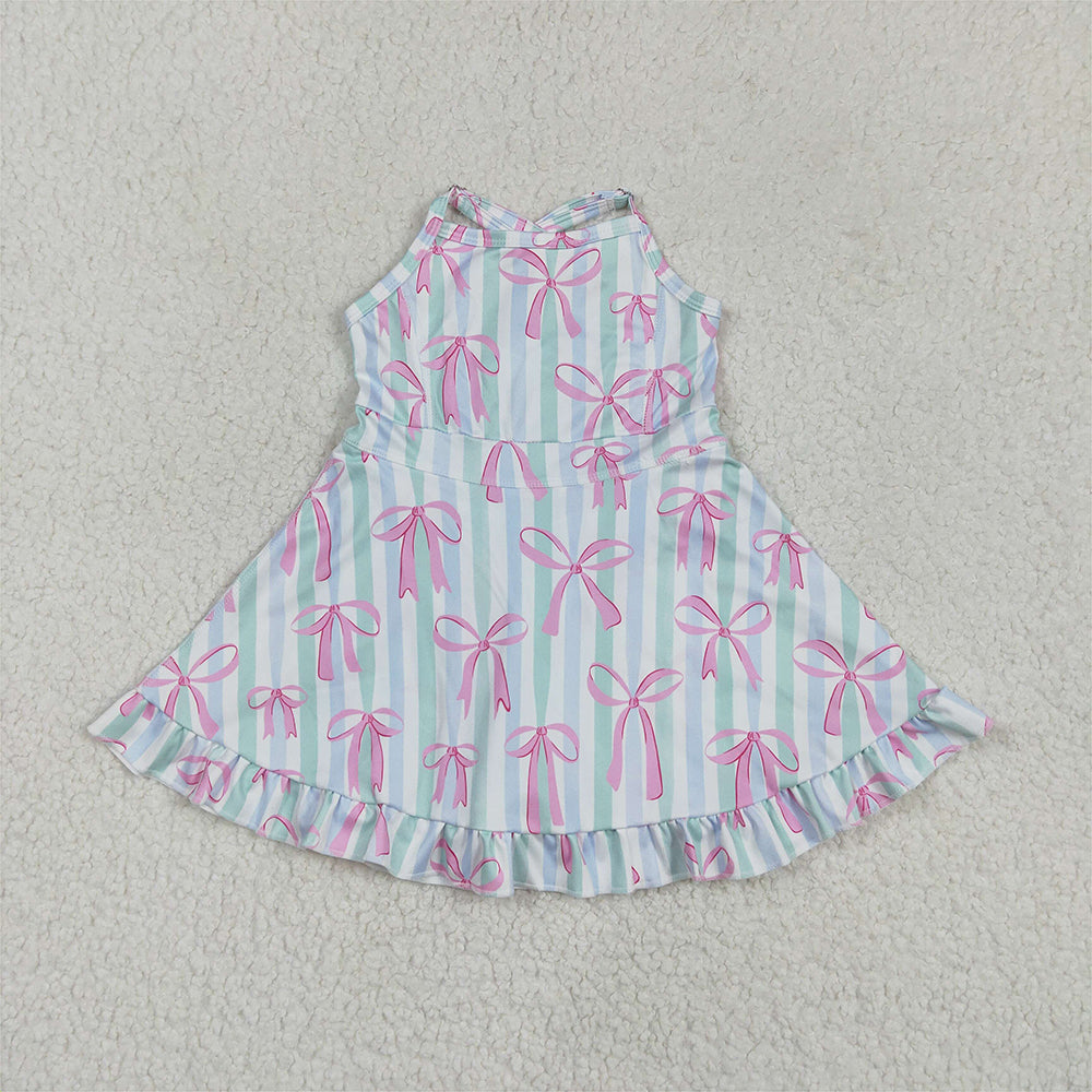 RTS NO MOQ Sibling Baby Girls Peach Strap Dresses Colorful Bows Yoga Ruffle Knee Length Girls Outfits