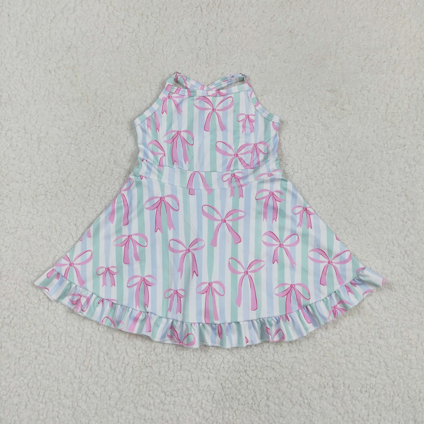 RTS NO MOQ GSD2297 pink bow pattern blue and green striped yoga sleeveless dress