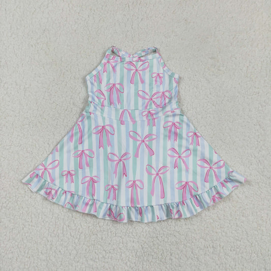 RTS NO MOQ GSD2297 pink bow pattern blue and green striped yoga sleeveless dress