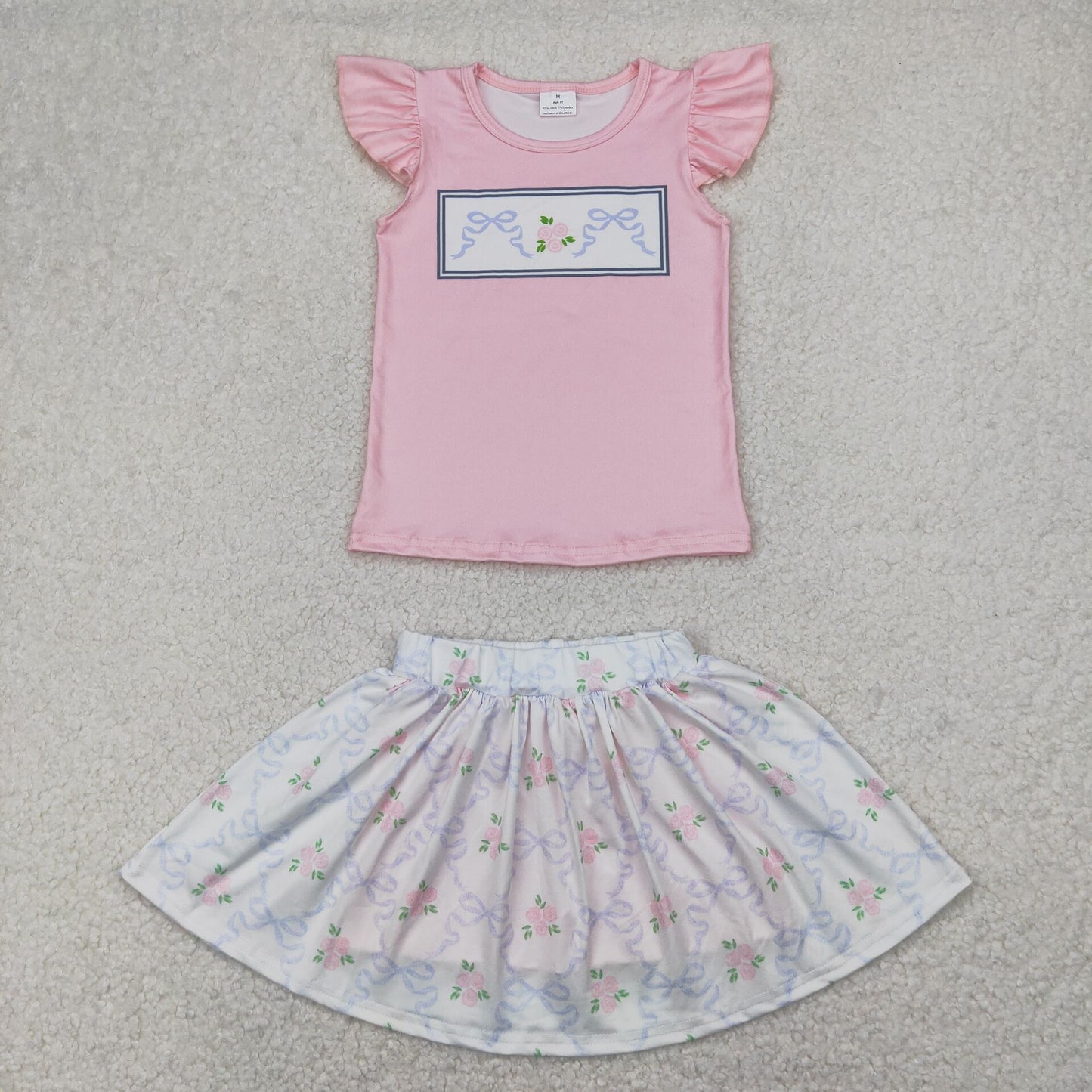 RTS NO MOQ GSD2298 Blue bow pattern flower pink flying sleeves culottes set