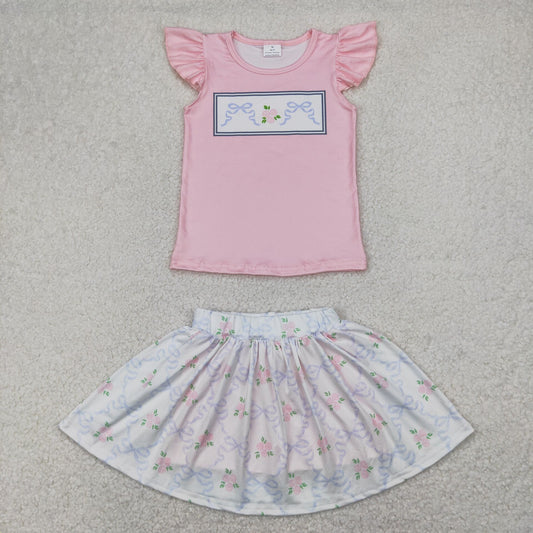 RTS NO MOQ GSD2298 Blue bow pattern flower pink flying sleeves culottes set