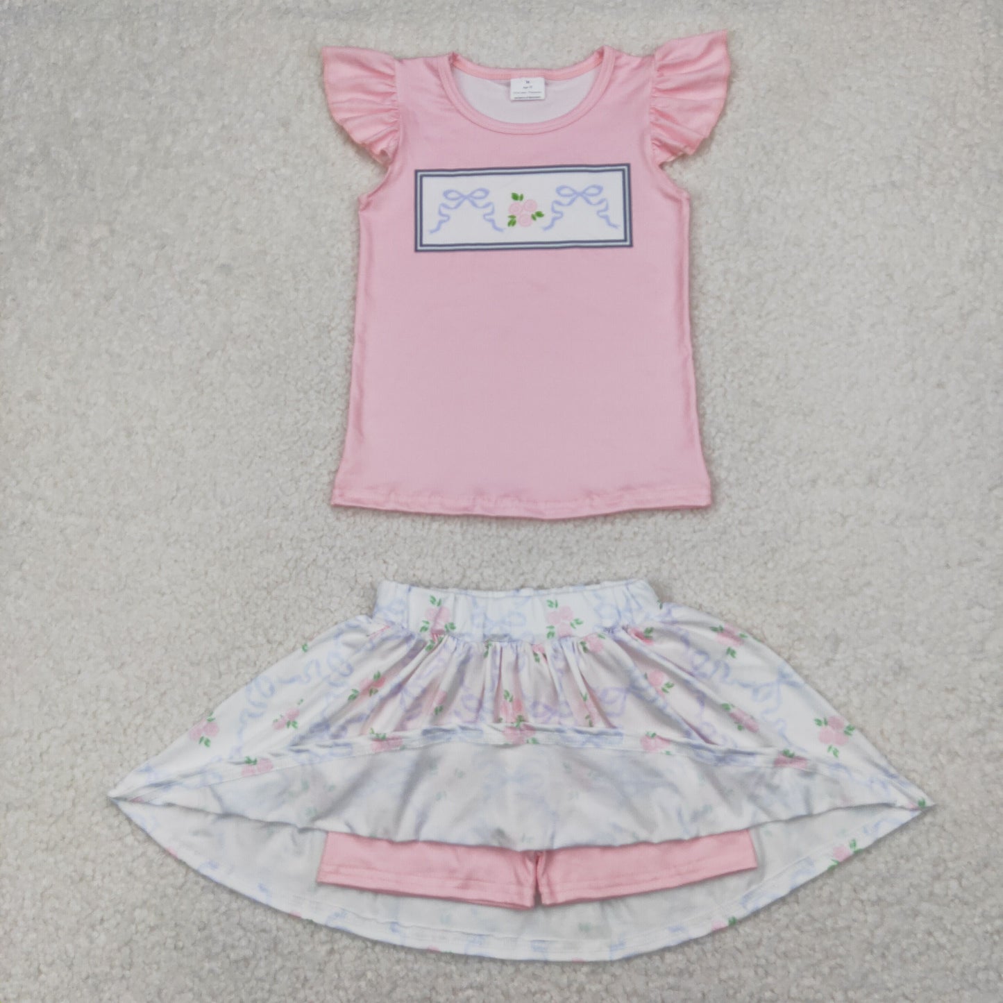 RTS NO MOQ GSD2298 Blue bow pattern flower pink flying sleeves culottes set