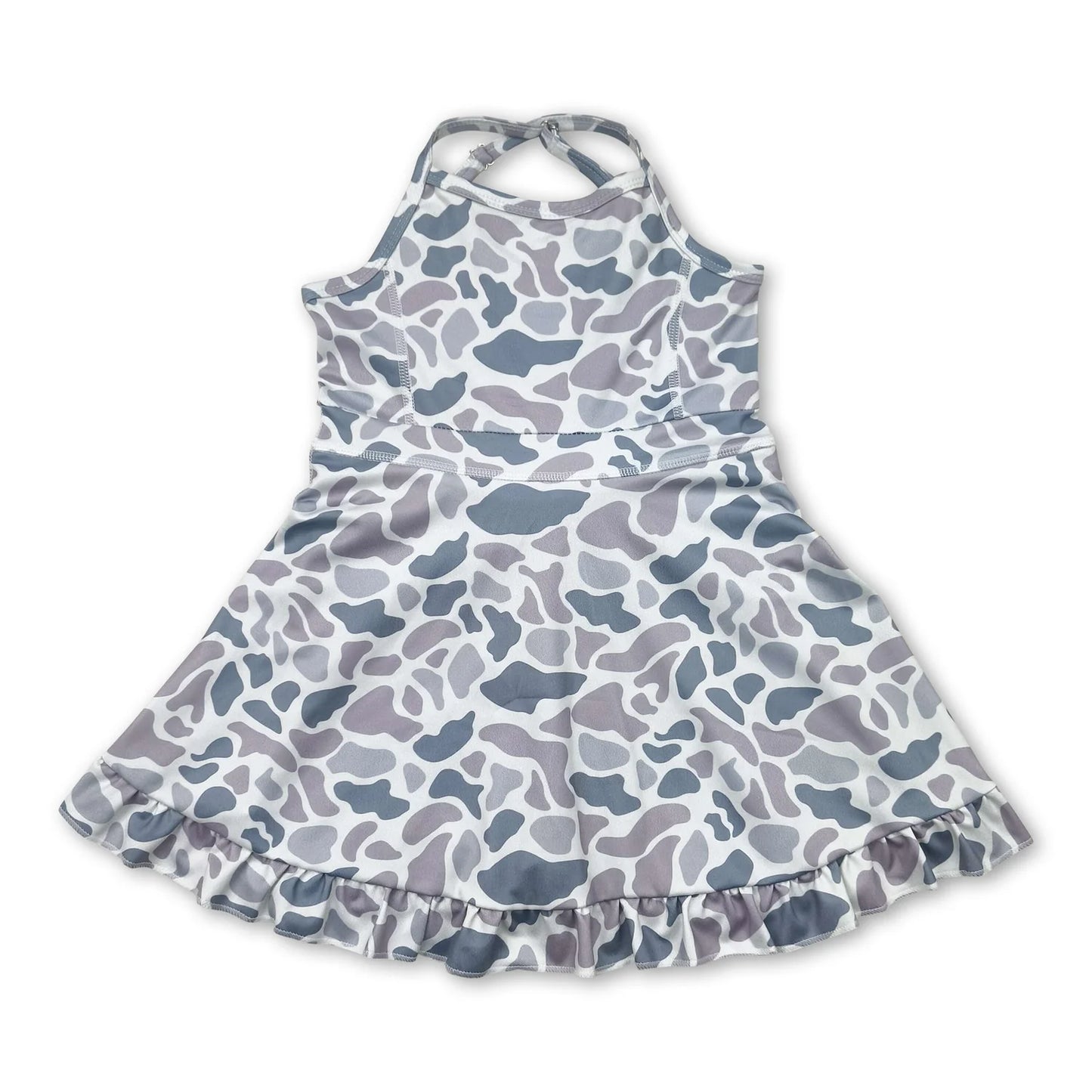 RTS NO MOQ Sibling yoga fabric Baby Girls Summer Camo Strap Ruffle Hem Active Knee Dresses