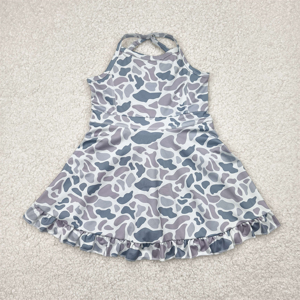 RTS NO MOQ Sibling Baby Girls Camouflage Ruffle Knee-Length Dresses Strap Yoga Dress for Little Girls
