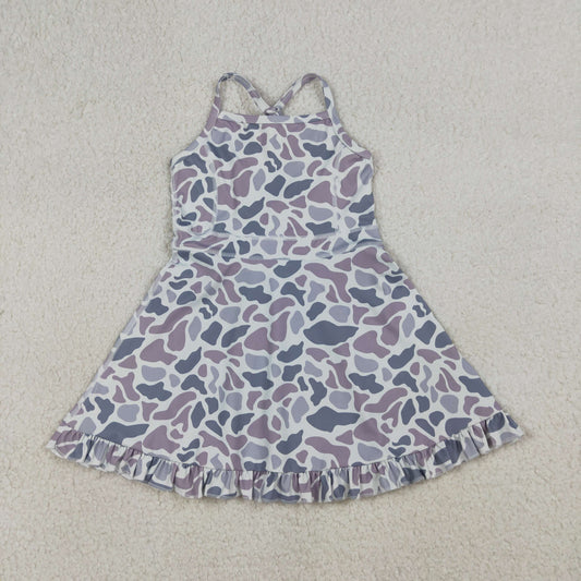 RTS NO MOQ GSD2308 Baby Girls Light Gray Camo Ruffle Knee-Length Dress with Strap Yoga Active Shorts
