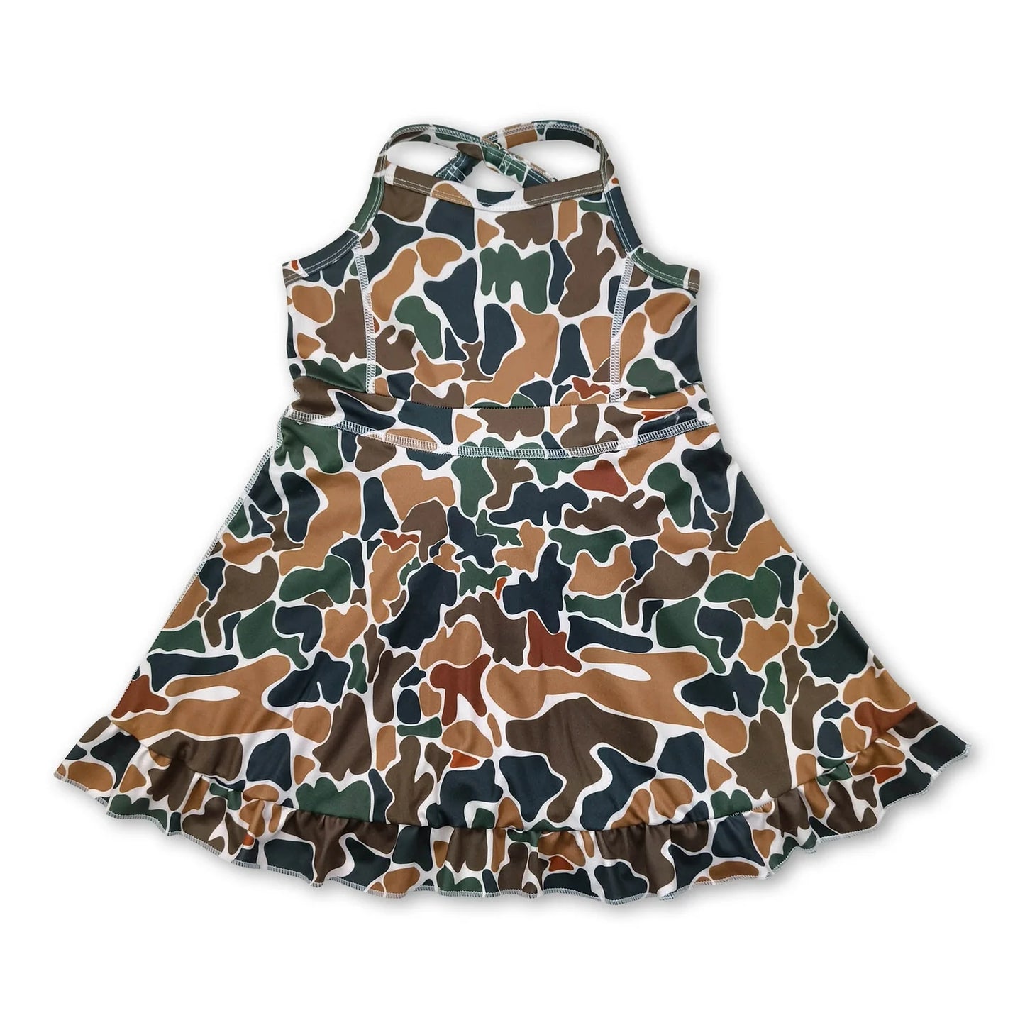 RTS NO MOQ Sibling yoga fabric Baby Girls Summer Camo Strap Ruffle Hem Active Knee Dresses