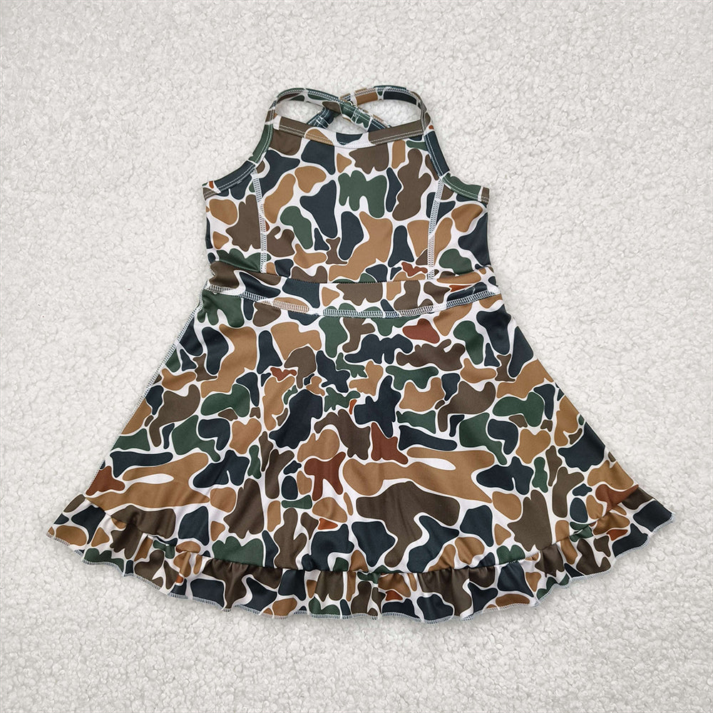 RTS NO MOQ Sibling Baby Girls Camouflage Ruffle Knee-Length Dresses Strap Yoga Dress for Little Girls