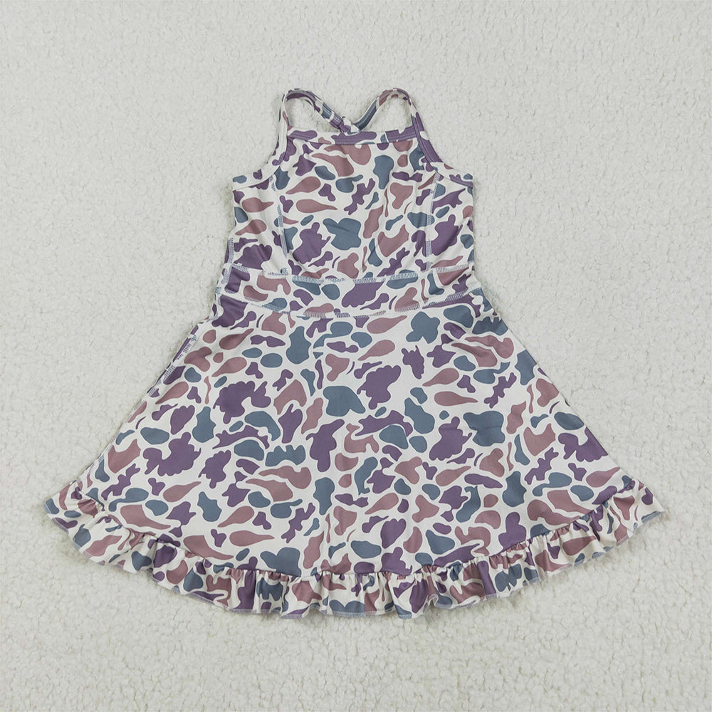 RTS NO MOQ Sibling Baby Girls Camouflage Ruffle Knee-Length Dresses Strap Yoga Dress for Little Girls