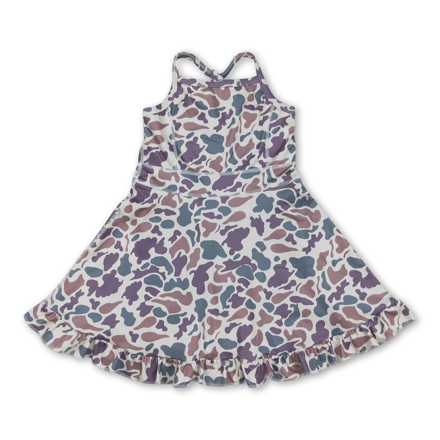 RTS NO MOQ Sibling yoga fabric Baby Girls Summer Camo Strap Ruffle Hem Active Knee Dresses