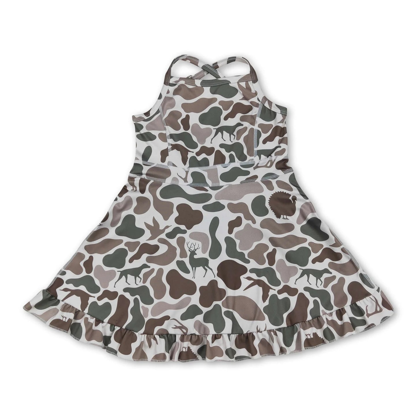 RTS NO MOQ Sibling yoga fabric Baby Girls Summer Camo Strap Ruffle Hem Active Knee Dresses