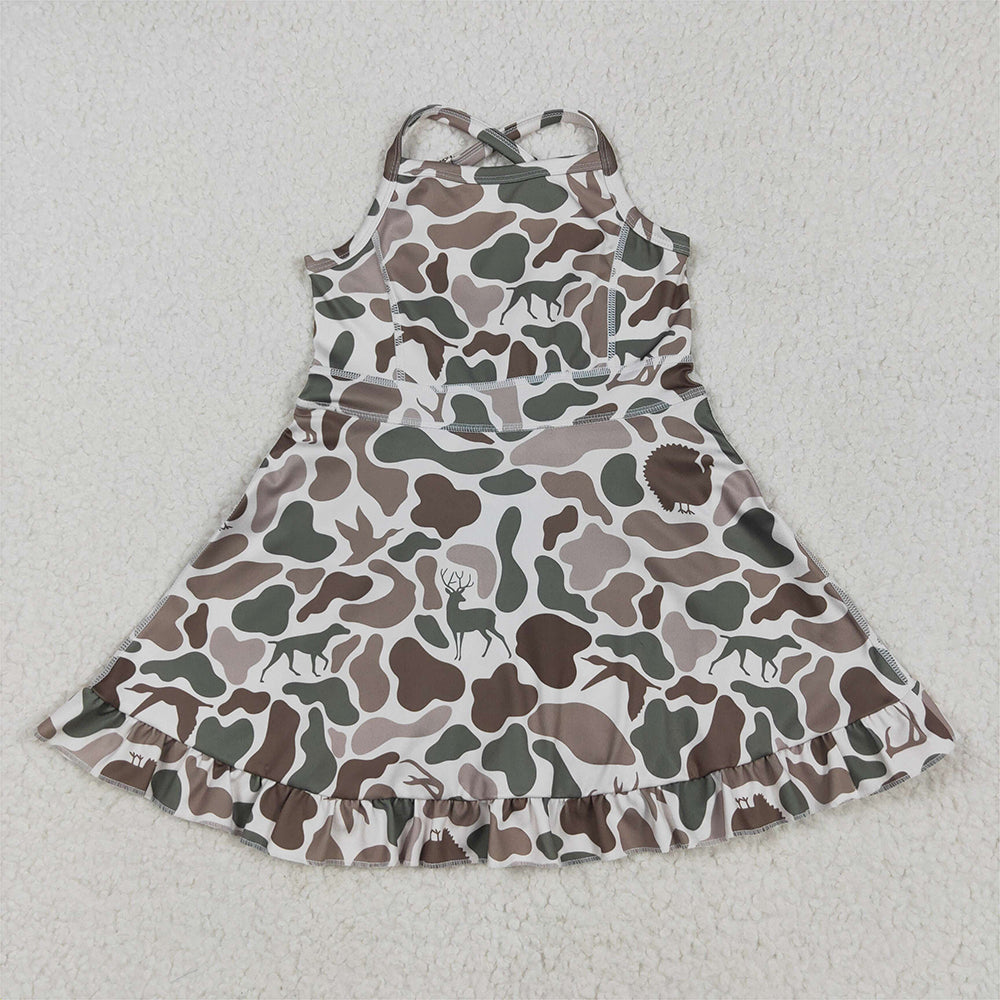 RTS NO MOQ Sibling Baby Girls Camouflage Ruffle Knee-Length Dresses Strap Yoga Dress for Little Girls