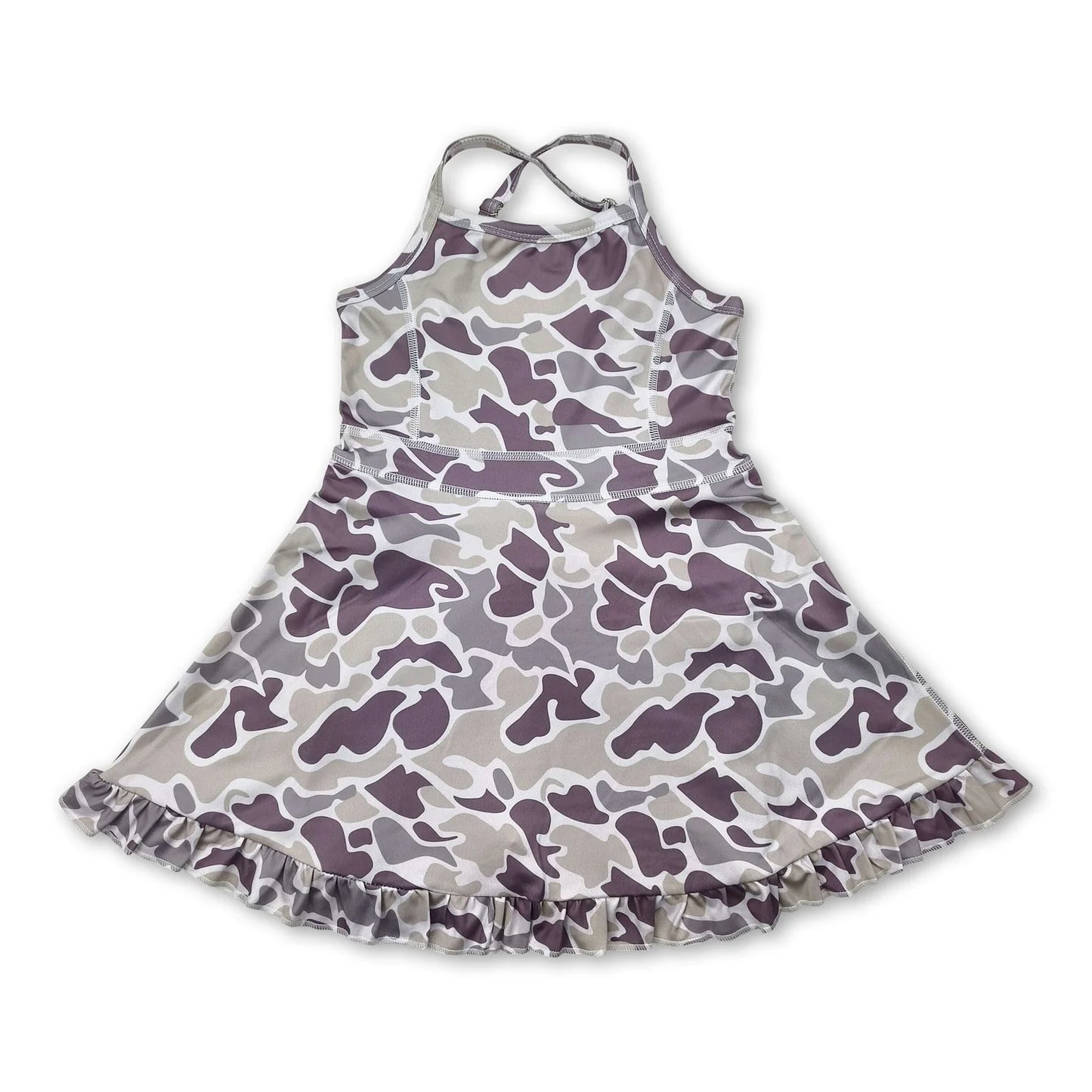 RTS NO MOQ Sibling yoga fabric Baby Girls Summer Camo Strap Ruffle Hem Active Knee Dresses