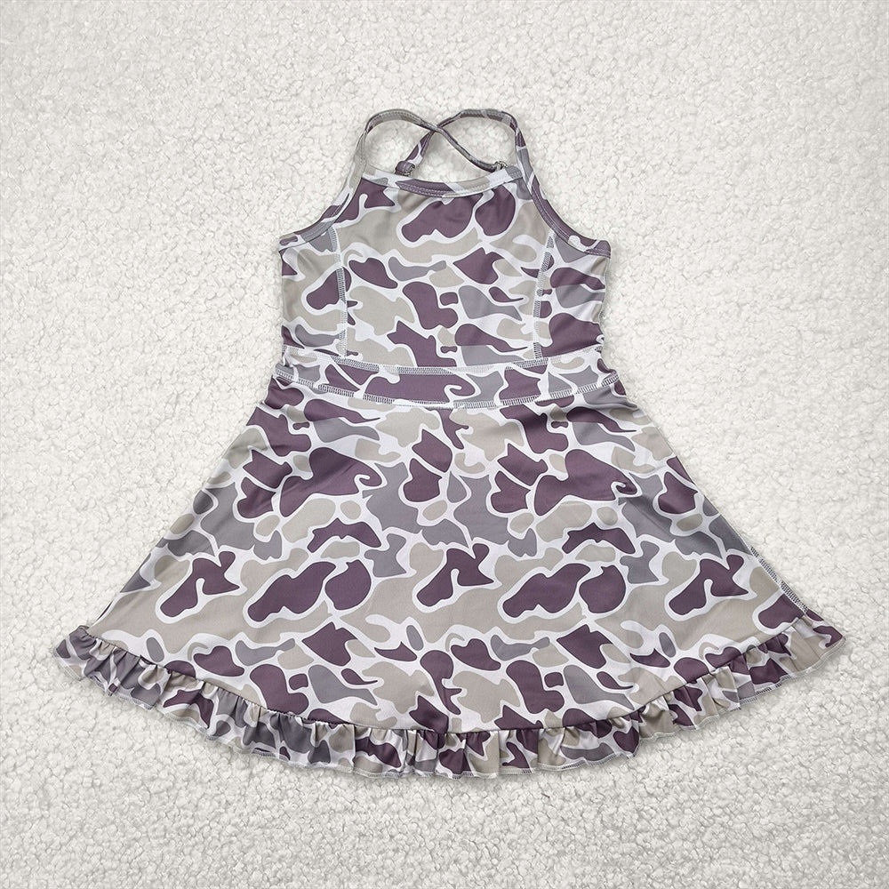 RTS NO MOQ Sibling Baby Girls Camouflage Ruffle Knee-Length Dress with Strap Yoga Active Shorts
