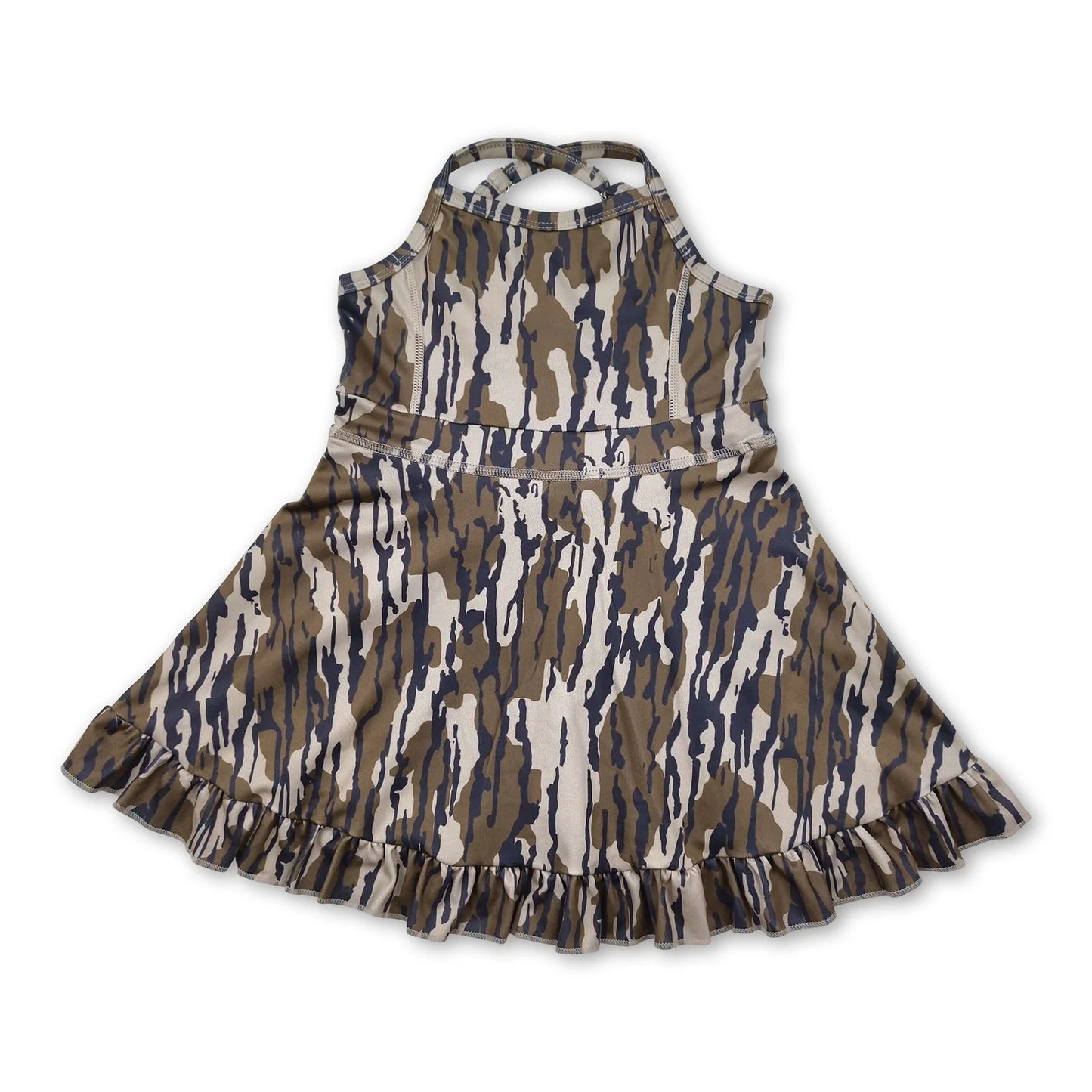 RTS NO MOQ Sibling yoga fabric Baby Girls Summer Camo Strap Ruffle Hem Active Knee Dresses