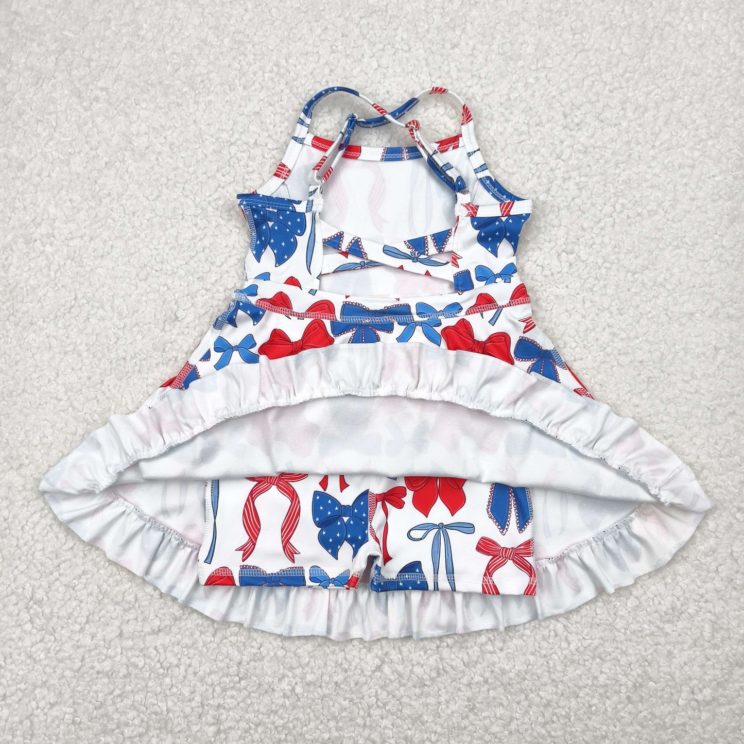 RTS NO MOQ GSD4064 National Day red and blue bow pattern white yoga sleeveless dress