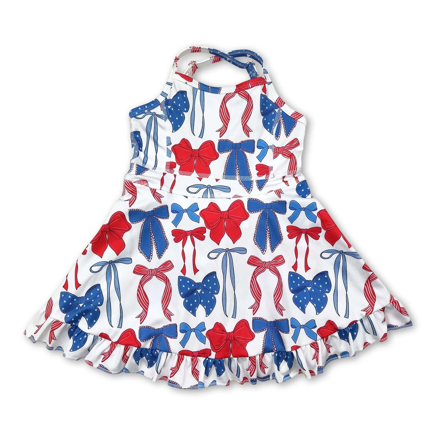 RTS NO MOQ Sibling yoga fabric Baby Girls Colorful Bow Sleeveless Strap Ruffle Yoga Dresses