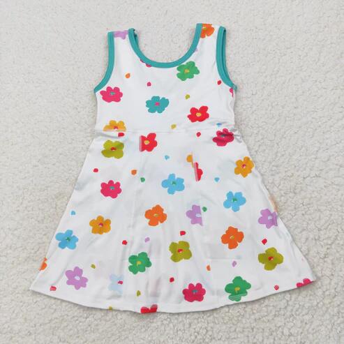 RTS NO MOQ Sibling Baby Girls Sleeveless Flower Bows Yoga Active Shorts Knee-Length Dresses