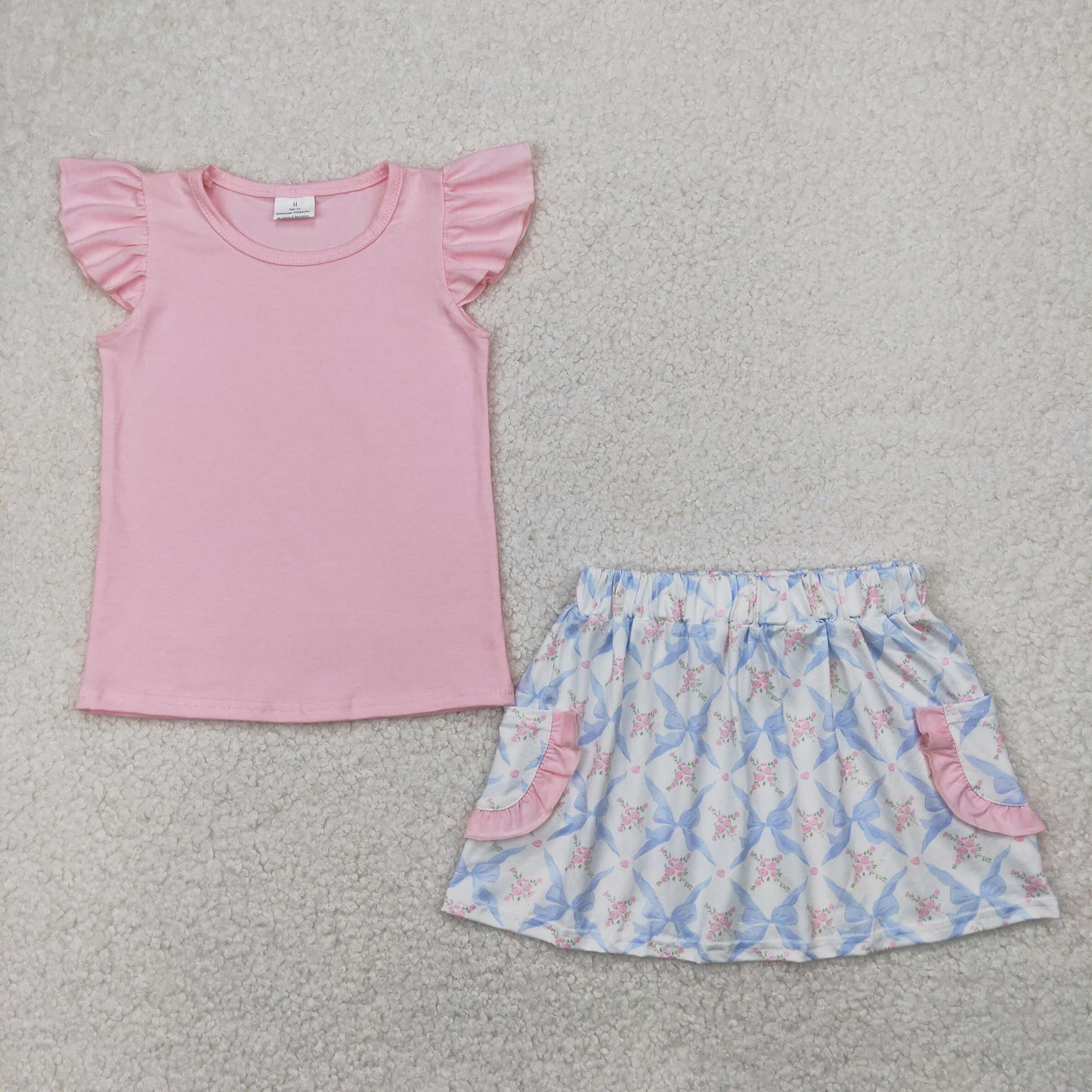 RTS NO MOQ GSD2360 Pink flying sleeves blue bow flower pocket white skirt suit