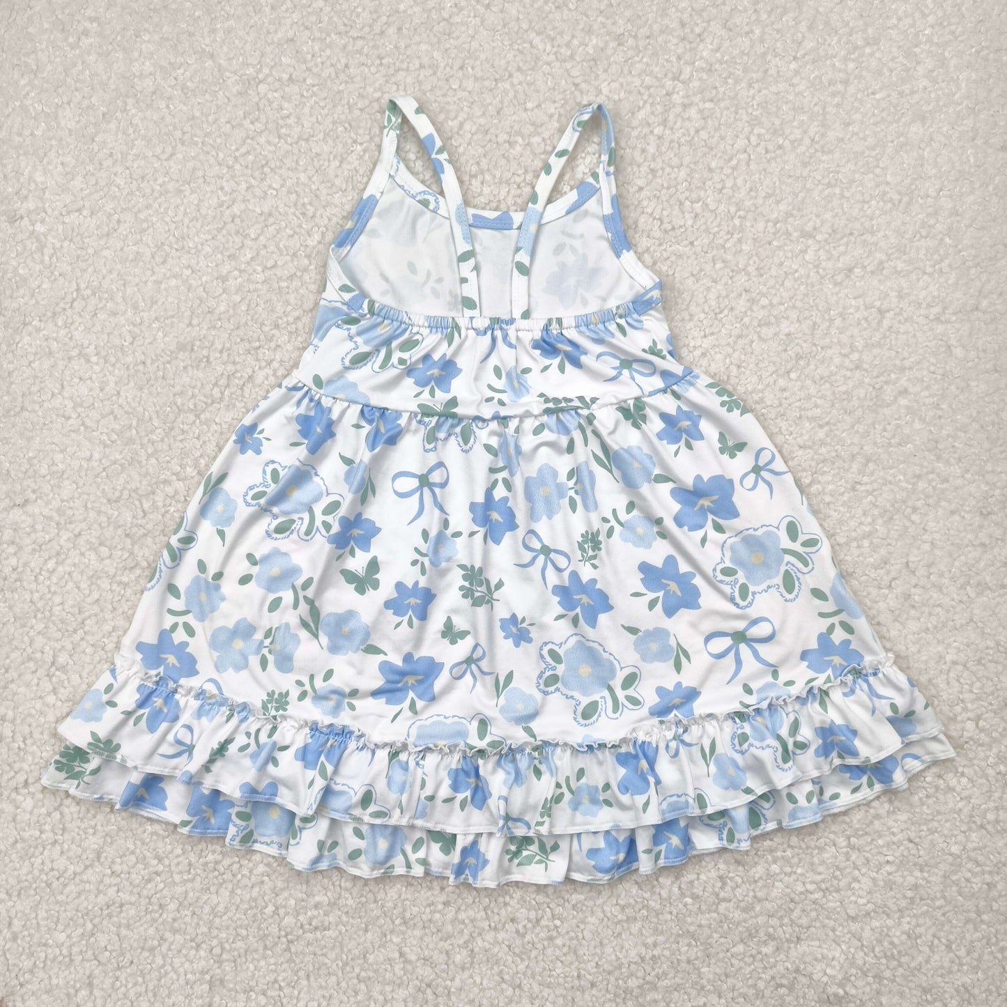 RTS NO MOQ GSD2377 Blue flower bow pattern beige sleeveless dress