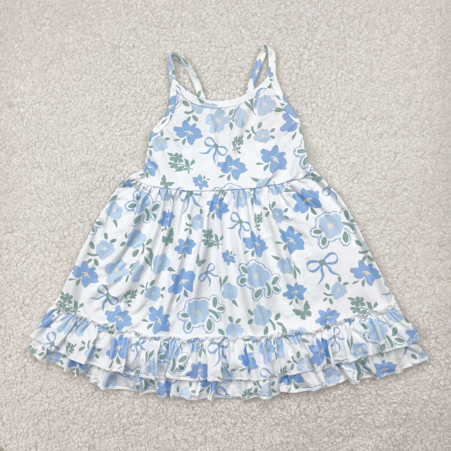 RTS NO MOQ GSD2377 Blue flower bow pattern beige sleeveless dress