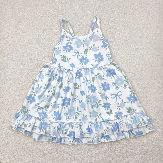 RTS NO MOQ GSD2377 Blue flower bow pattern beige sleeveless dress