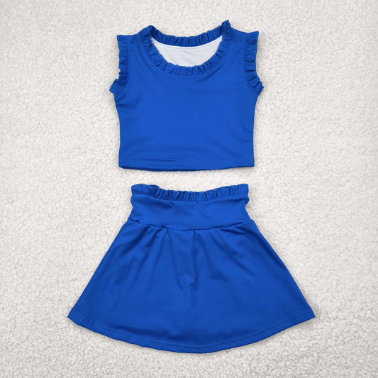 RTS NO MOQ GSD2391 Pure royal blue lace sleeve pants skirt yoga suit