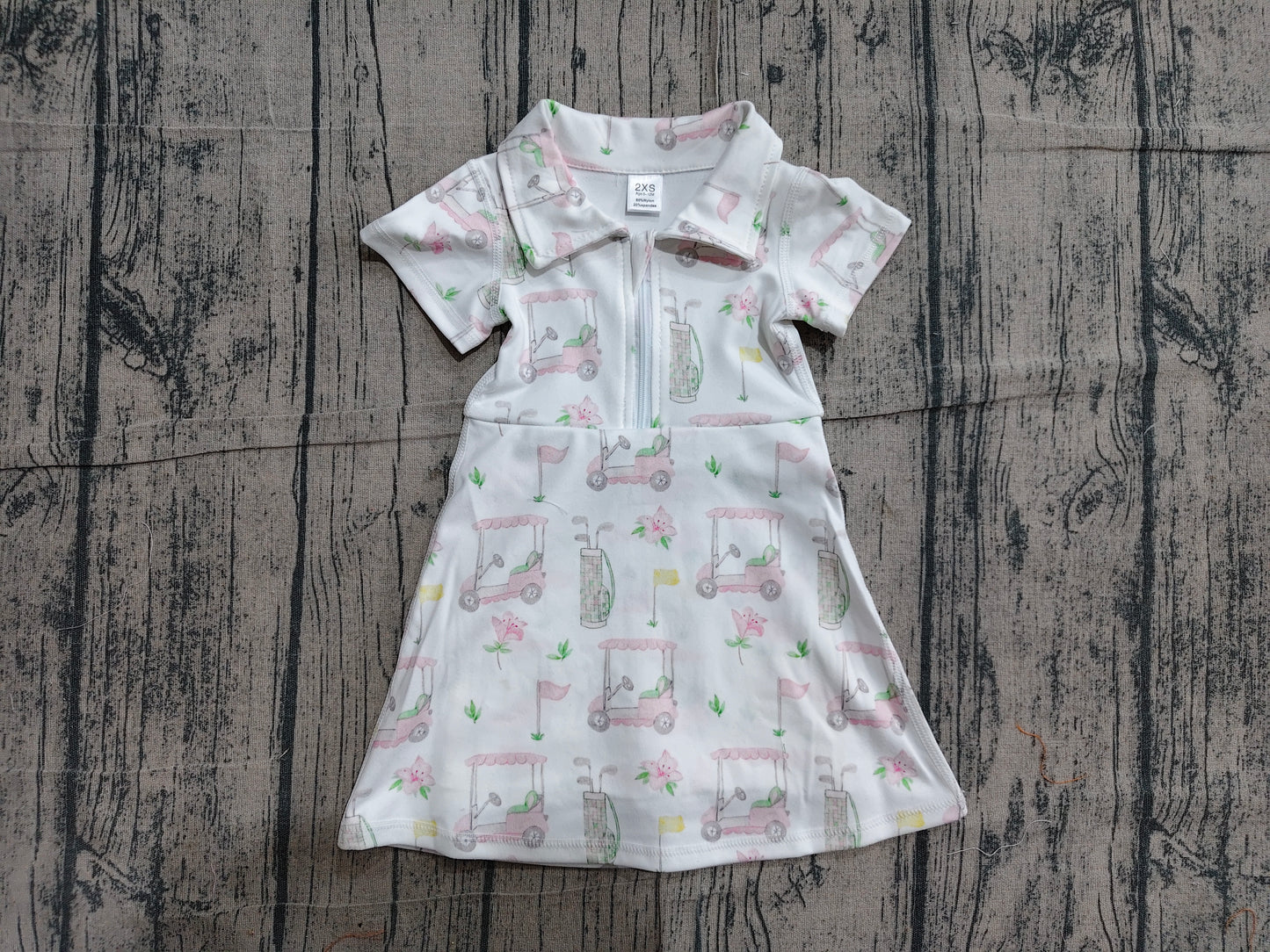 (Sample) No moq GSD2410 Yoga Baby Girls Soft Short Sleeve Pink Flowers Golf Zipper Knee Length Dresses