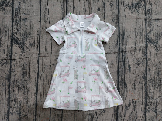(Sample) No moq GSD2410 Yoga Baby Girls Soft Short Sleeve Pink Flowers Golf Zipper Knee Length Dresses