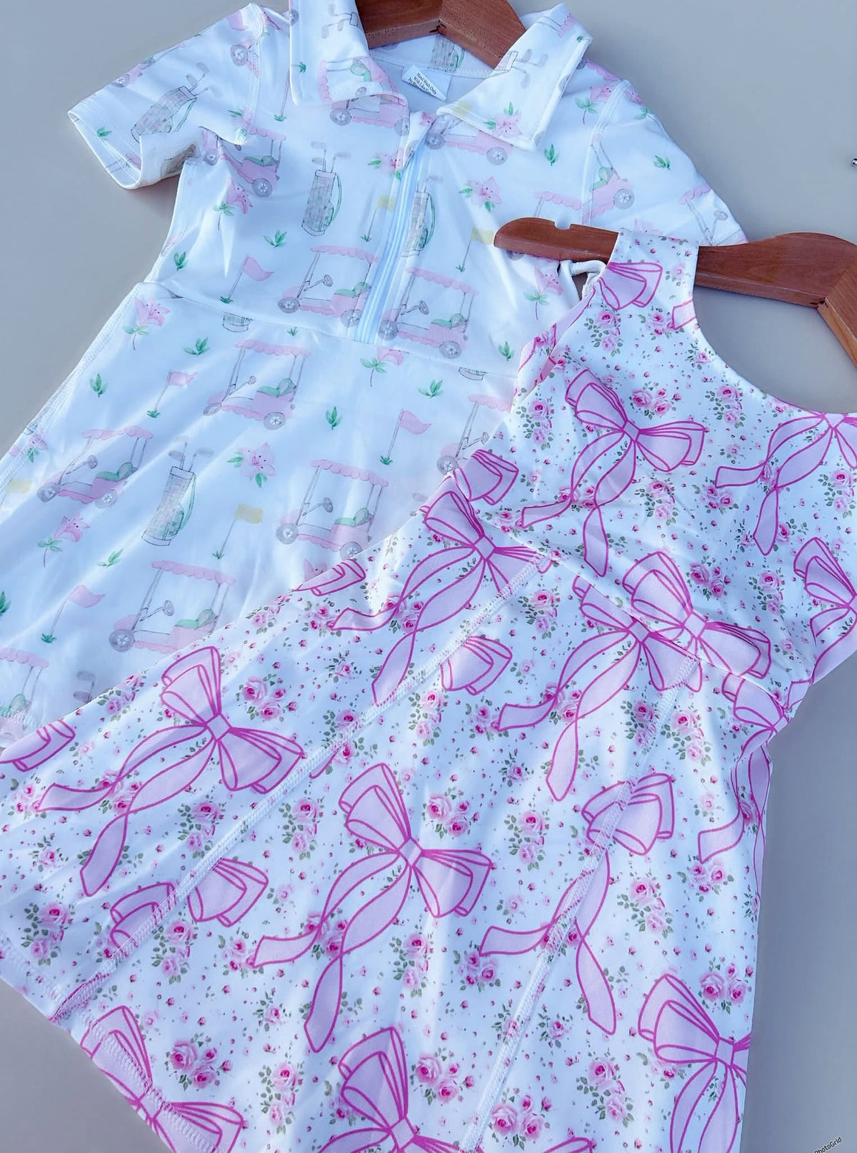 RTS NO MOQ Sibling yoga fabric Baby Girls Golf Cart Print Short Sleeve Polo Dress Kids Pink Bow Floral Sleeveless Yoga Dress