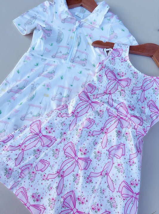 RTS NO MOQ Sibling yoga fabric Baby Girls Golf Cart Print Short Sleeve Polo Dress Kids Pink Bow Floral Sleeveless Yoga Dress