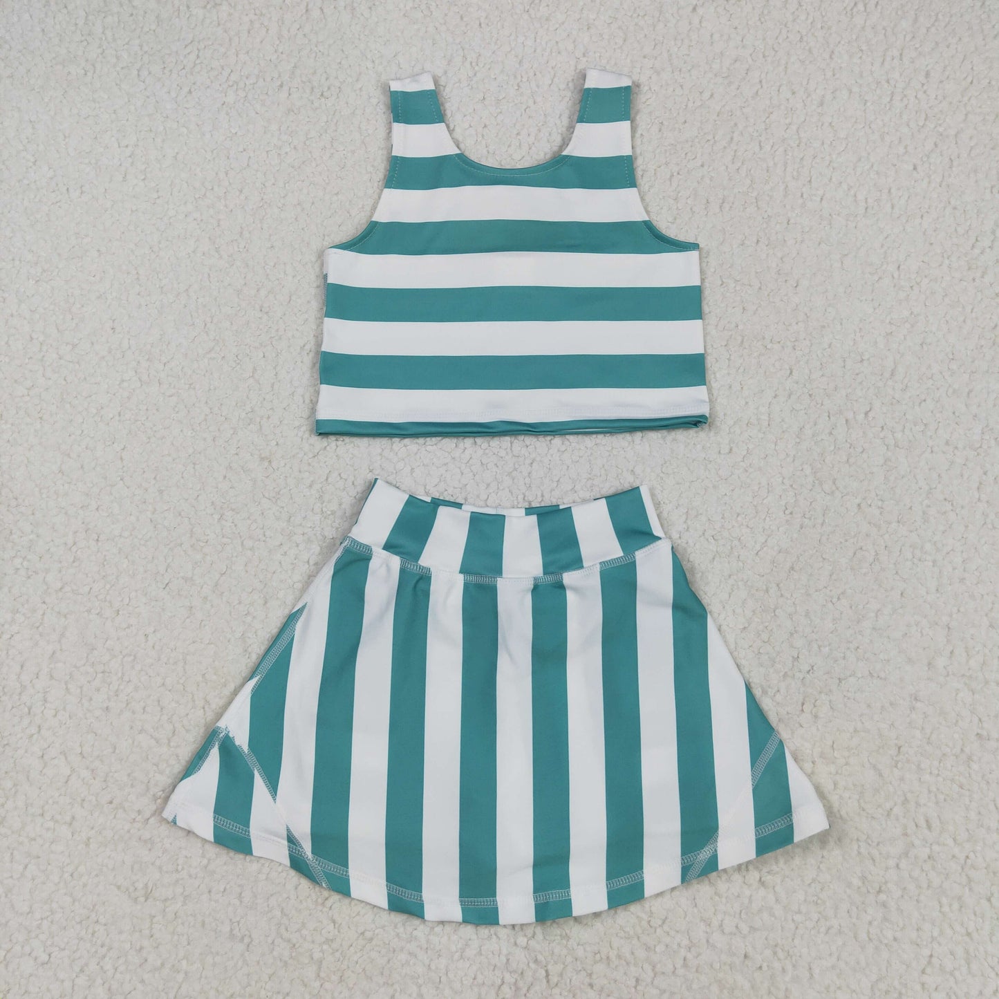 RTS NO MOQ GSD2432 Green and white striped sleeveless vest pants skirt yoga set