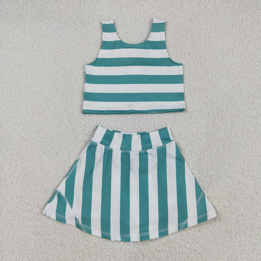 RTS NO MOQ GSD2432 Green and white striped sleeveless vest pants skirt yoga set