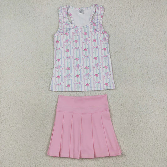 RTS NO MOQ Baby Girls Sleeveless Yoga Sets Pink Flowers Bows Top with Pleated Skirts Cute Toddler Outfit