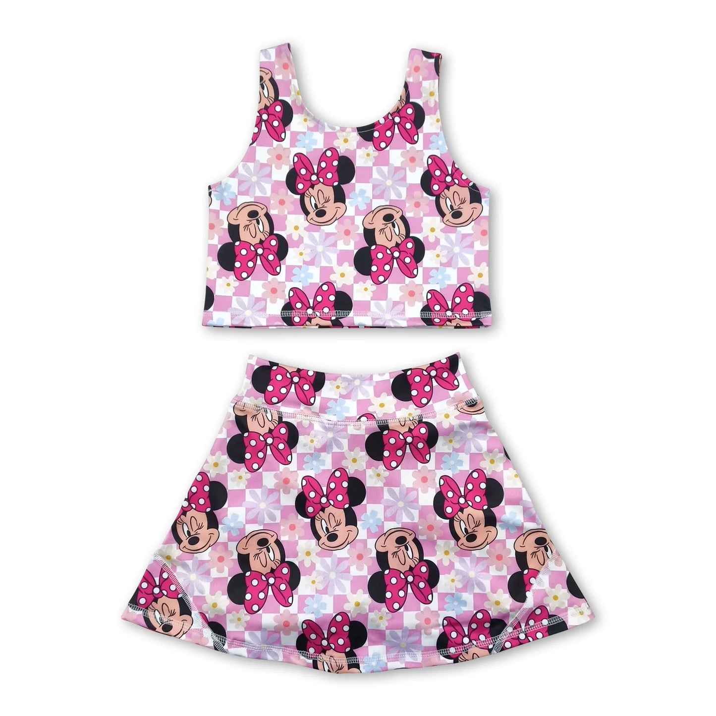 RTS NO MOQ Sibling yoga fabric Cute Clothes Baby Girls Flowers Bows Sleeveless Vest Yoga Skort Two Piece Suits