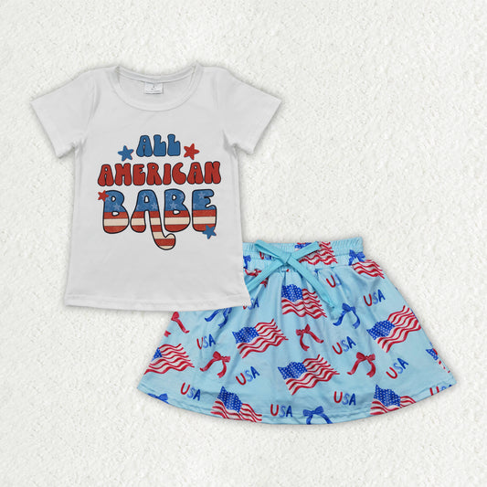 RTS NO MOQ GT0179+GLK0050 Girls National Day BABE white short-sleeved top star striped blue pants skirt