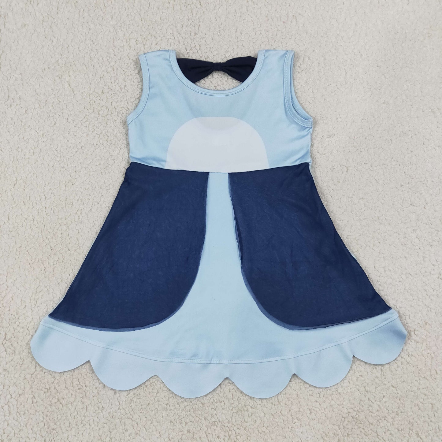 RTS NO MOQ Sibling milk silk Baby Girls Sleeveless Print Scallop Knee Length Dress