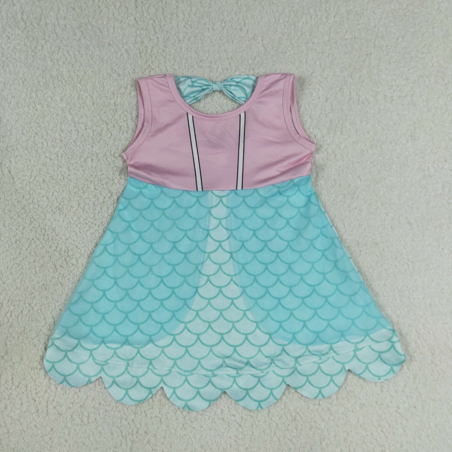 RTS NO MOQ Sibling milk silk Baby Girls Sleeveless Print Scallop Knee Length Dress