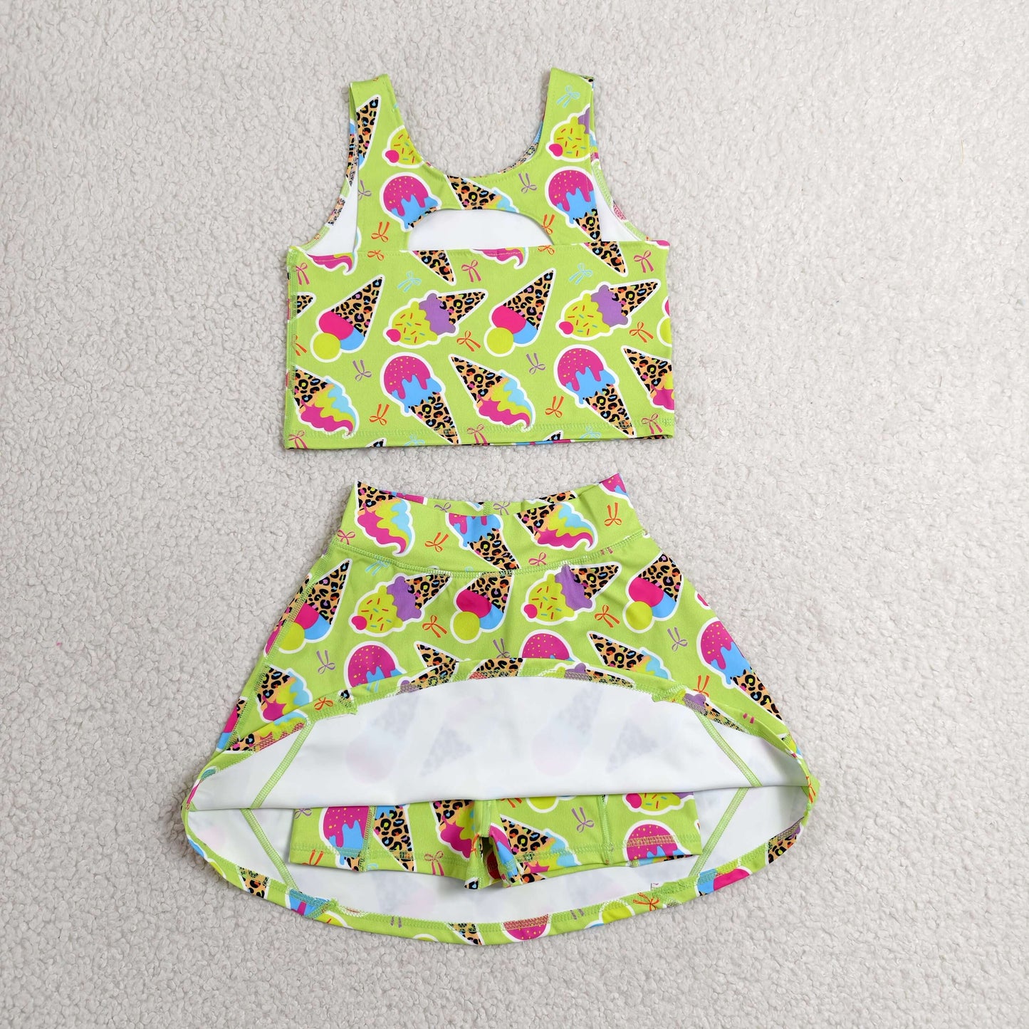 RTS NO MOQ yoga fabric GSD2520 Baby Girls Colorful Leopard Ice Cream Sleeveless Yoga Set