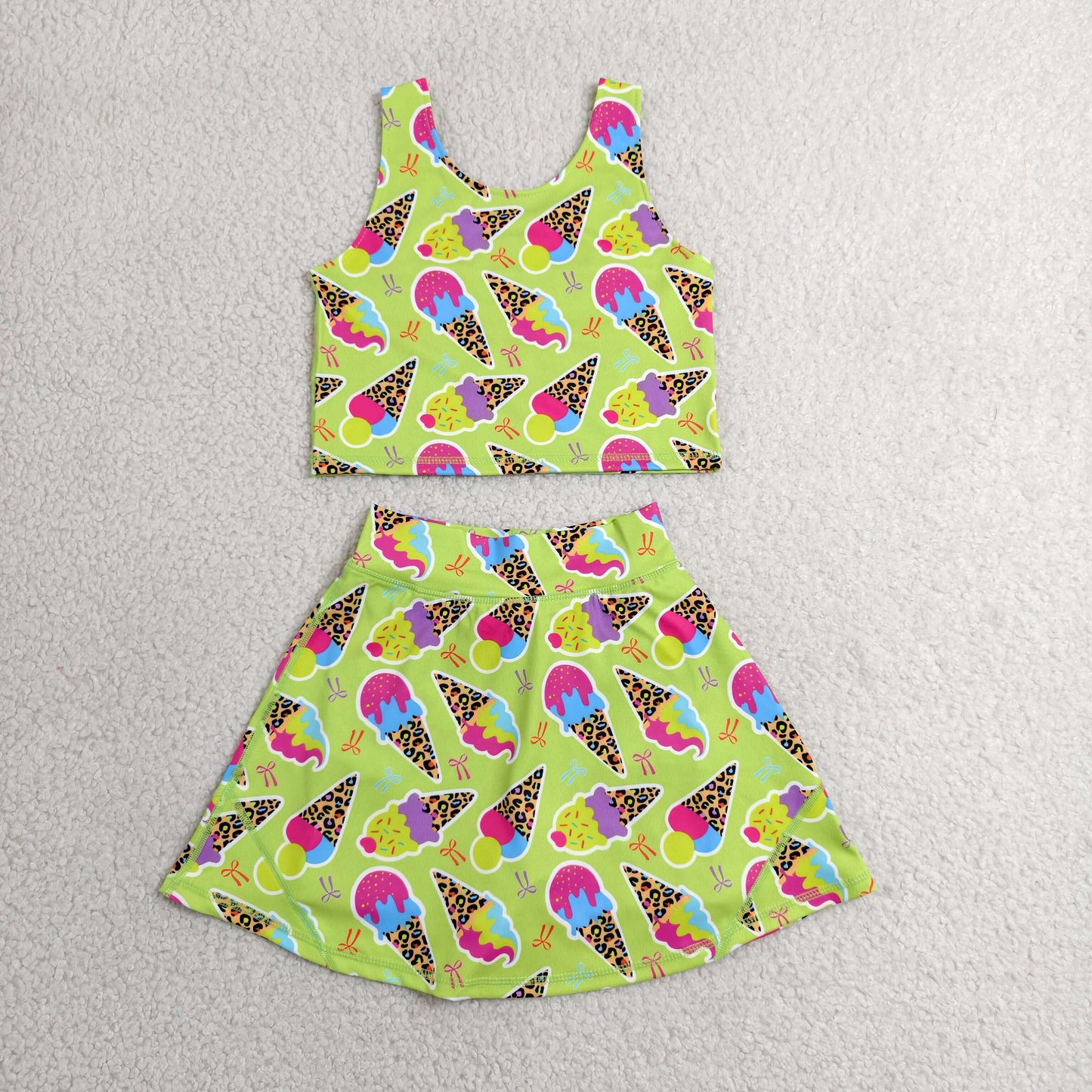 RTS NO MOQ yoga fabric GSD2520 Baby Girls Colorful Leopard Ice Cream Sleeveless Yoga Set