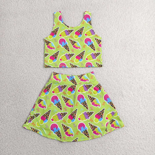 RTS NO MOQ yoga fabric GSD2520 Baby Girls Colorful Leopard Ice Cream Sleeveless Yoga Set
