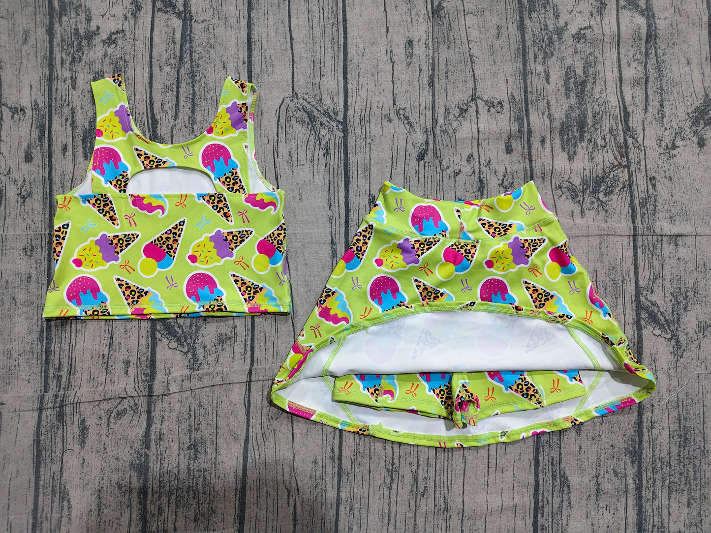 (Sample) No moq GSD2520 Yoga Baby Girls Casual Colorful Leopard Ice Cream Sleeveless Yoga Set