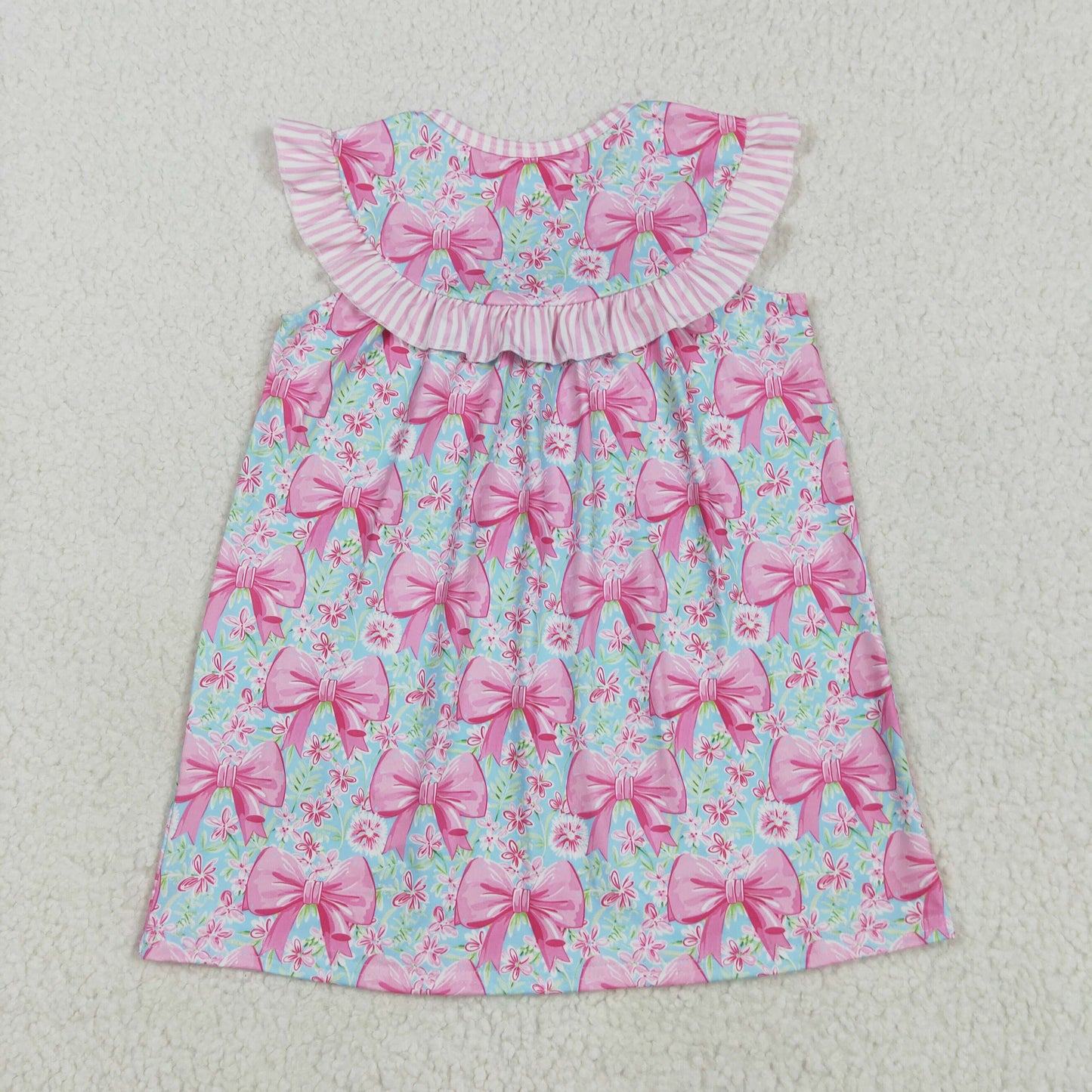 RTS NO MOQ GSD2534 Embroidered i love dad pink striped bow pattern flowers and leaves blue sleeveless dress