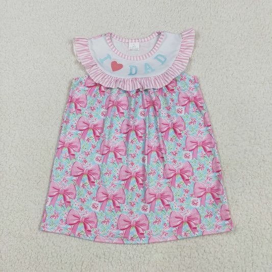 RTS NO MOQ GSD2534 Embroidered i love dad pink striped bow pattern flowers and leaves blue sleeveless dress