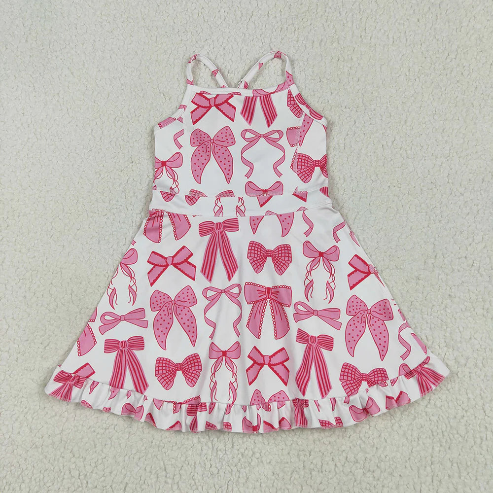 Best Sell RTS Baby Girls Plaid Activity Wear Yoga Knee-Length Dress with Strap Hot Pink Bows